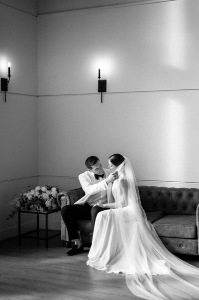 Bride and groom walk up memorial steps at their DC wedding