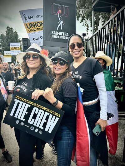 Latinas Acting Up founders and members marching during the 2023 SAG-AFTRA strike, advocating for visibility and labor rights in entertainment.