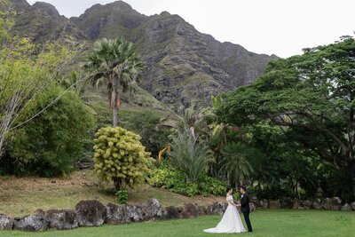 A newlywed couple standing together in a small field with mountains behind them 