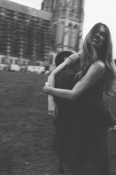 Bride and groom walk up memorial steps at their DC wedding