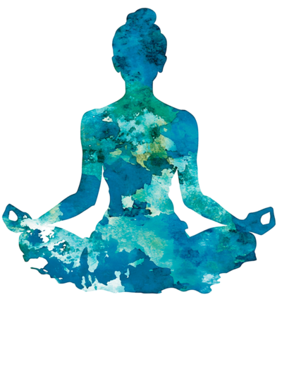 Watercolor silhouette of a woman sitting in meditation. The figure is painted in vibrant turquoise and blue hues
