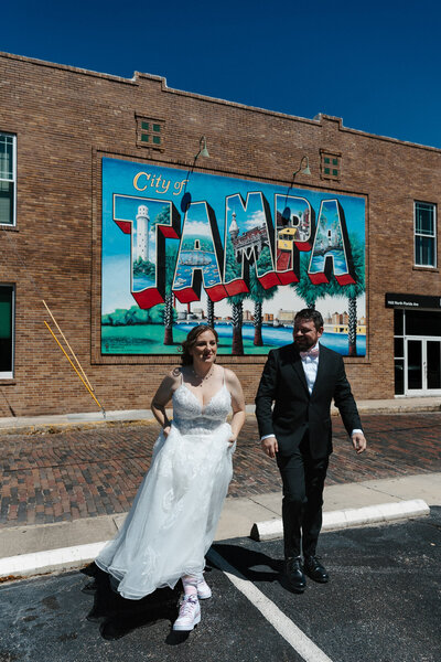 portraits of a couple in a vintage car after their tampa elopement