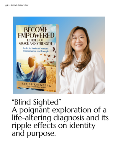 The book cover alongside a photograph of the author, Anne Mok, smiling warmly at the camera. The book cover displays the title "BECOME EMPOWERED: ECHOES OF GRACE AND STRENGTH" and features an image of a person standing on in a wheat field with open arms, facing the sky, symbolizing empowerment and serenity.  Next to the book cover, there is a photograph of the author, Anne, an Asian woman, with long, wavy hair, wearing a white blouse and smiling confidently. Below the images, text reads:  "'Blind Sighted' A poignant exploration of a life-altering diagnosis and its ripple effects on identity and purpose."