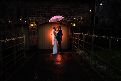 Bride an dgroom in rain at Chesterfield