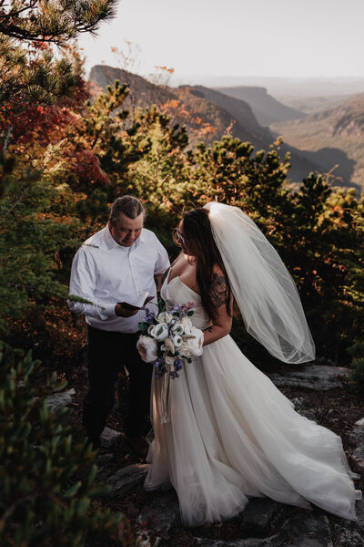 Wedding ceremony with only bride and groom at Hawksbill Mountain Trail in the Linville Gorge Wilderness