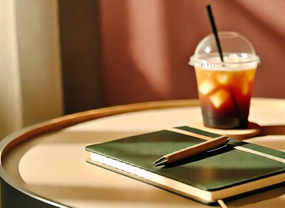 Iced coffee in a plastic cup with a straw next to a green notebook and pen on a round table in warm, natural light.