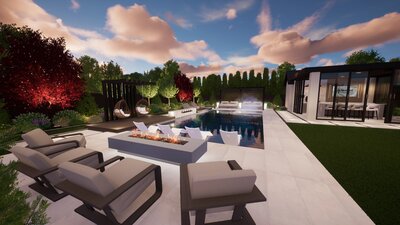 Backyard with lush landscaping, pool, indoor/outdoor structure.