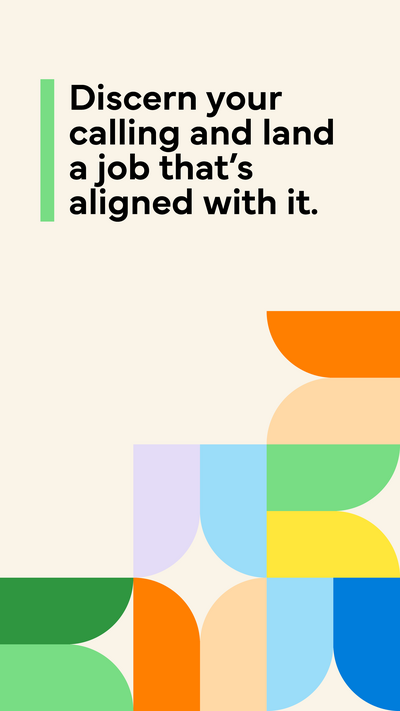 Cream background with multicolored shapes in the bottom corner with black text that says "discern your calling and land a job that's aligned with it"