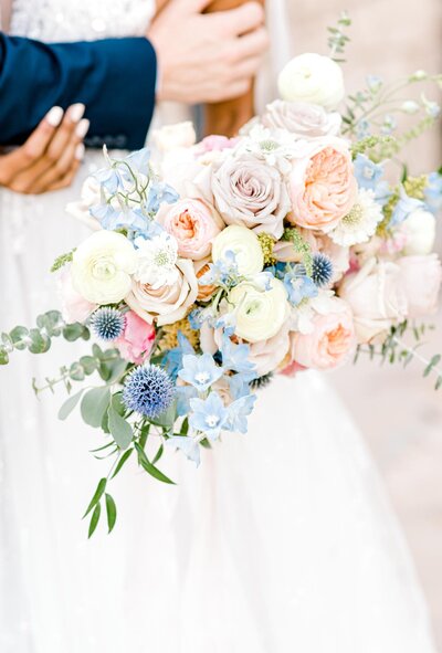 Blue, pink, and white floral bouquet