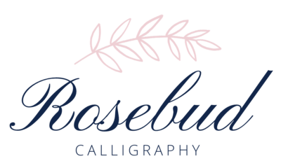 logo for Rosebud Calligraphy featuring a pink leaf above text