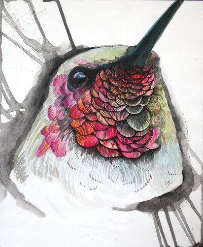A Fine art illustrated painting of a colorful hummingbird, an example of Courtney's artistic excellence