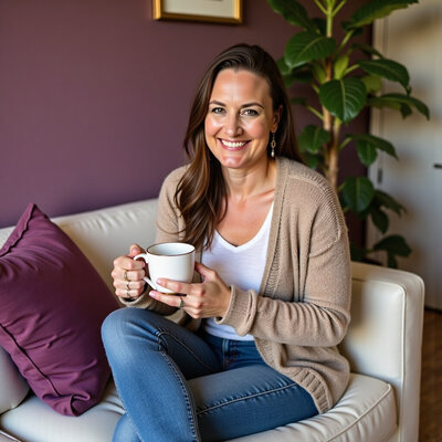 Wedding pro, Carissa Kruse, sitting on office couch in front of plant, smiling at camera.