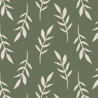 delicate hand painted leaf branches scattered in a simple organic flowing pattern in the colors of clay and moss green