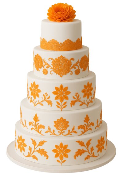 Luxury 5 tier wedding cake in white with orange applications and orange flower on the top