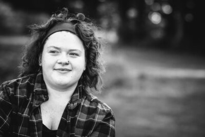 Black and white of a smiling senior girl Vermont Senior Portraits
