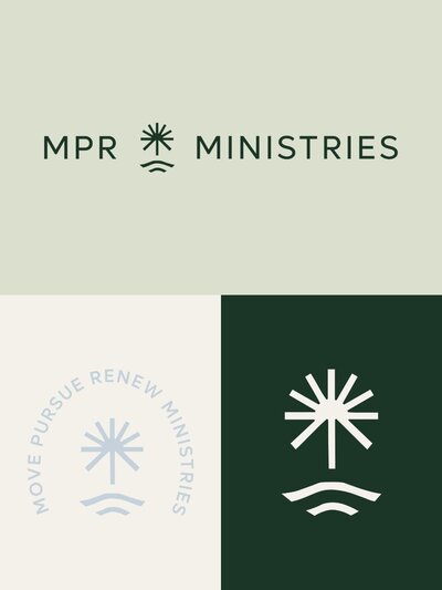 MPR Ministries logo suite showcasing the primary logo lockup, a circular alternate logo with “Move Pursue Renew Ministries,” and the brand icon alone. The icon, inspired by a palm tree and waves, symbolizes rooted faith, upward growth, and spiritual renewal.