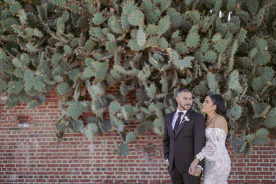 Bride and Groom embracing. 