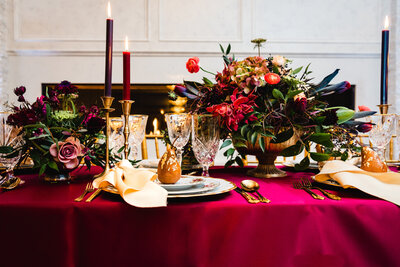 Gothic wedding tablescape with rich jewel tones