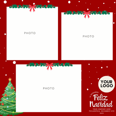 Square red holiday-themed photo booth template featuring snowflakes, festive graphics, and three evenly spaced photo slots.