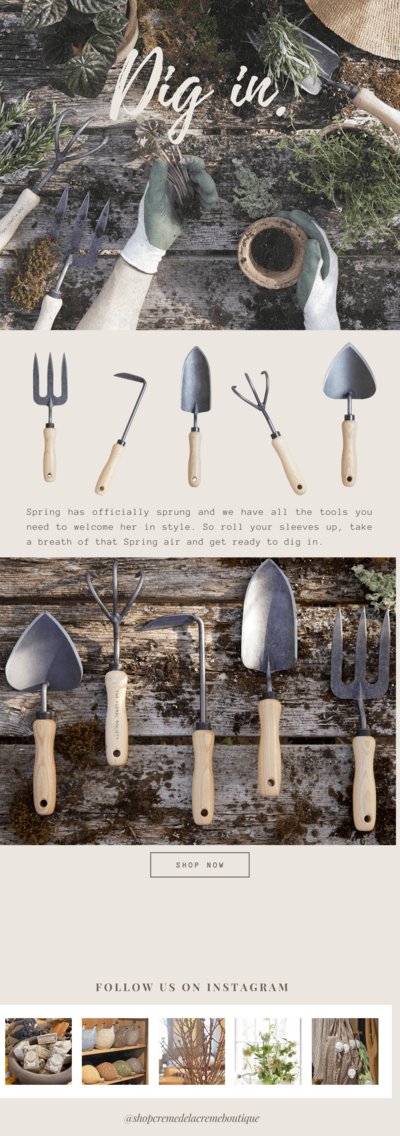 A variety of gardening tools with wooden handles are displayed neatly on a wooden surface, with text by Sweet Pea Ink Creative encouraging preparation for spring gardening.