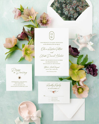 Semi custom vintage inspired wedding invitations with botanical touches