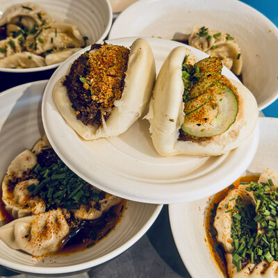 A diverse assortment of dumplings arranged neatly on a table, showcasing various shapes and fillings.