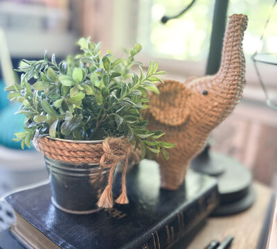 Green potted plant and woven elephant figurine sitting atop a Bible in a cozy workspace. 