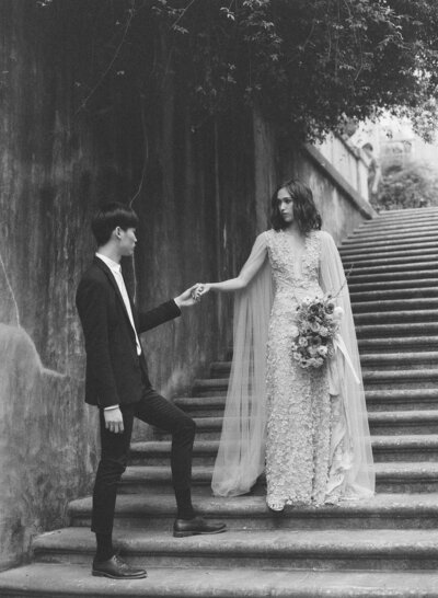 Bride, Groom, and Stairs B&W | Nicole Chapman Design