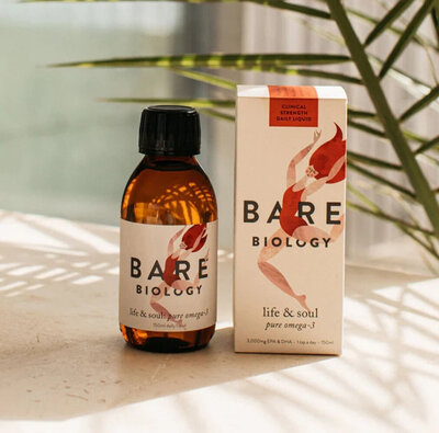 Bare Biology Pure Omega-3 for hormone health, brain function and inflammation support.