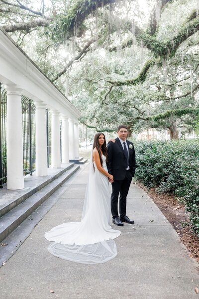 A pleasant portrait of Audra + Jacob after their elopement ceremony at Forsyth Park in Savannah, captured as part of our Savannah Elopement Package.