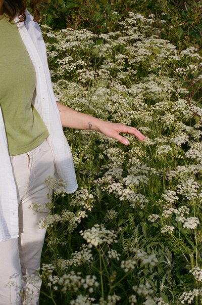 A white person's fingers reach out toward tall white wildflowers wearing white pants and a green top