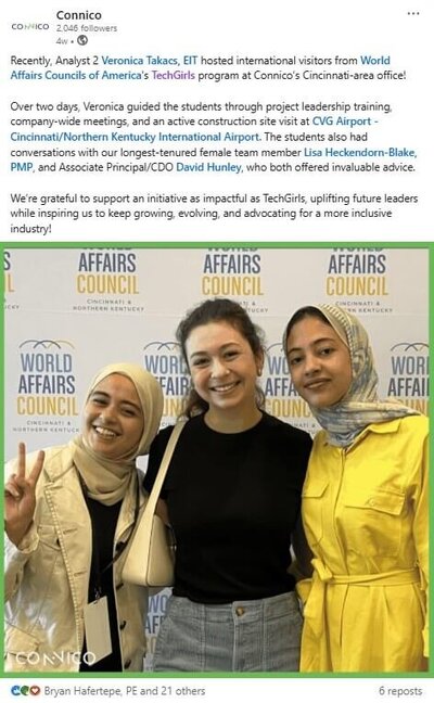 Connico LinkedIn post highlighting Analyst Veronica Takacs hosting TechGirls international visitors. Photo shows Veronica standing with two smiling young women in front of a World Affairs Council backdrop.