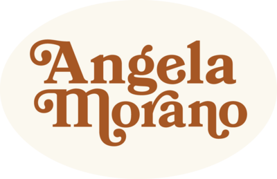 Angela Morano white circle logo with name in orange