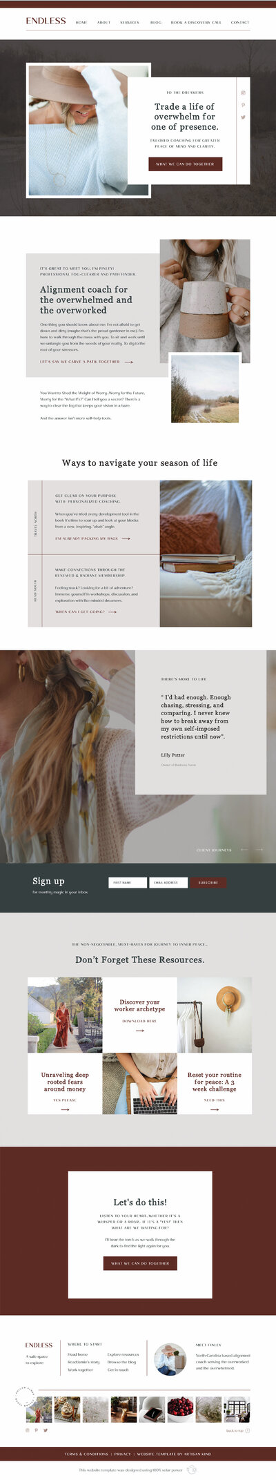 Artisan Kind Showit website template customized with a brown and burgundy