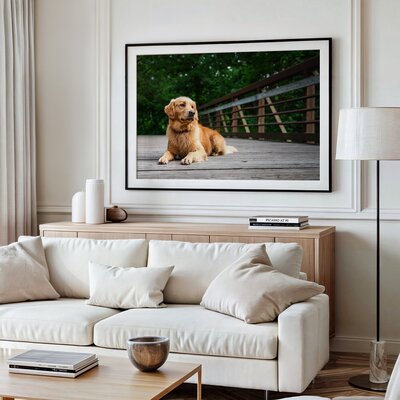 Framed artwork of a family with two dogs