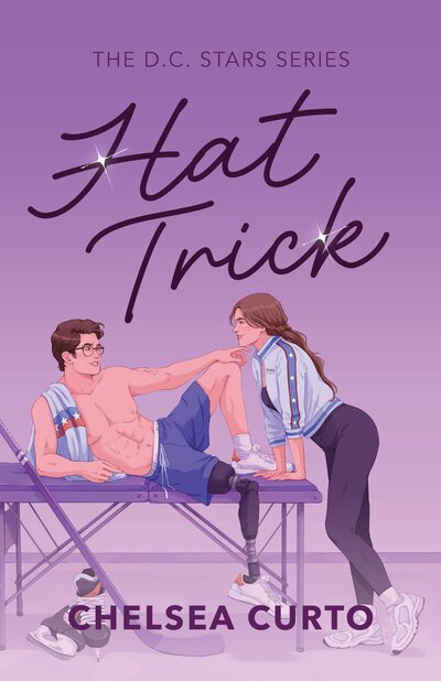Illustrated book cover of Hat Trick by Chelsea Curto. Purple background with woman with long brown hair in a ponytail leaning against a massage table with a shirtless man laying across the table propped up on his elbow with his prosthetic leg hanging off the table.