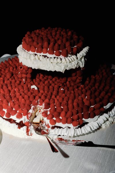 Modern wedding cake cutting moment at The Arlo in Texas. A partially sliced white cake, champagne glass, and cake-cutting utensils sit on a black tablecloth, creating an artistic and editorial wedding reception detail.