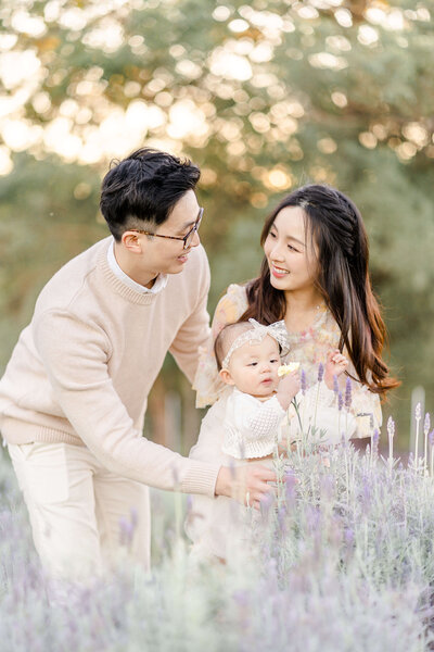 Young family of 3 posing in lavender field having family photos taken in Brisbane Southside.