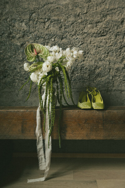 detail photos of florals and wedding shoes at Alberta wedding