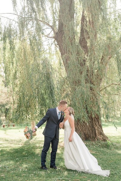 bride and groom kissing under the willow tree at barnwood events in madison, winconsin.