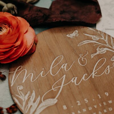 wooden engraved wedding invitation