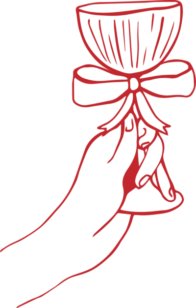 Piirroskuva kädestä, joka pitää lasia ilmassa. Lasin jalassa rusetti