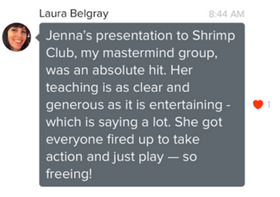 Testimonials highlighting Jenna Harding’s expertise as a marketing speaker