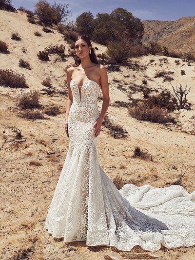 Ivory lace Mermaid silhouette Strapless sweetheart neckline V-illusion plunge Extra bodice construction Cascading train