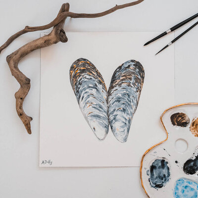 Watercolor painting of a full mussel shell attached by artist Amy Duffy