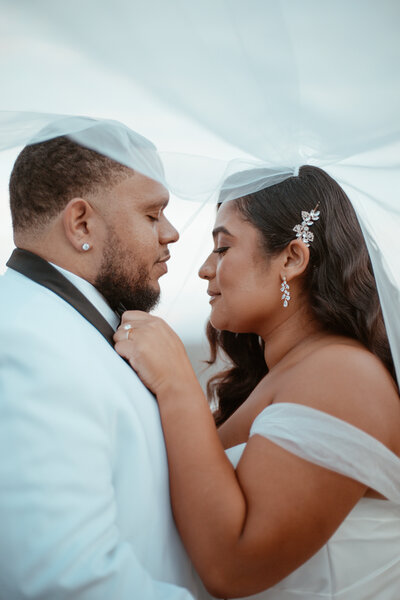Bride and groom closing their eyes with bride's veil over them