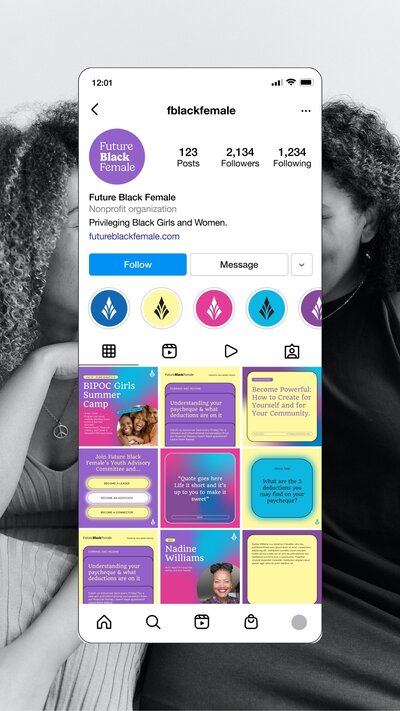 Instagram feed design for future black female, a really vibrant, bold, and colourful design
