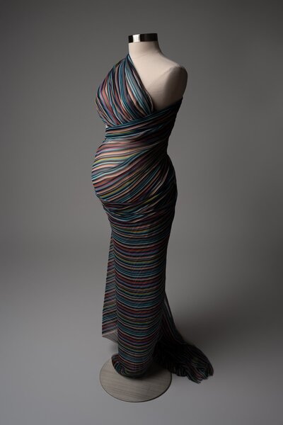 Multicolor striped maternity fabric on mannequin