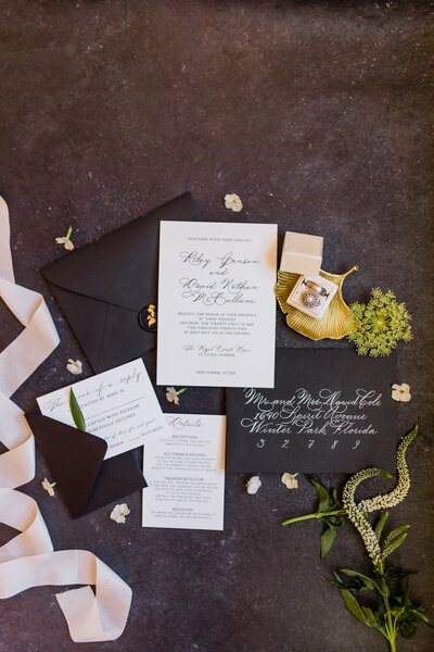 Dark brown wedding stationery small floral accents