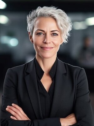 cool middle aged architect with white hair and crossed arms